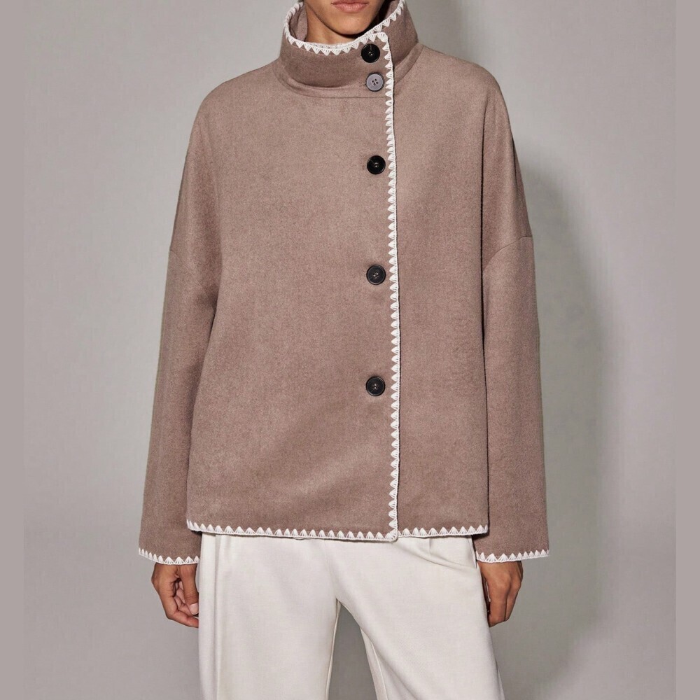 Taupe Gray Wool Contrast Whipstitch Trim High Neck Button Front Pea Coat